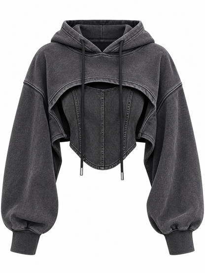 Vintage patchwork hoodie with drawstring