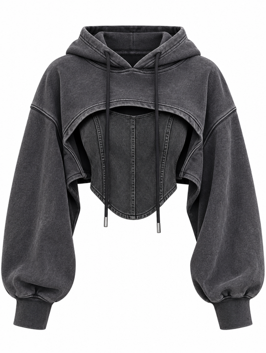 Vintage patchwork hoodie with drawstring
