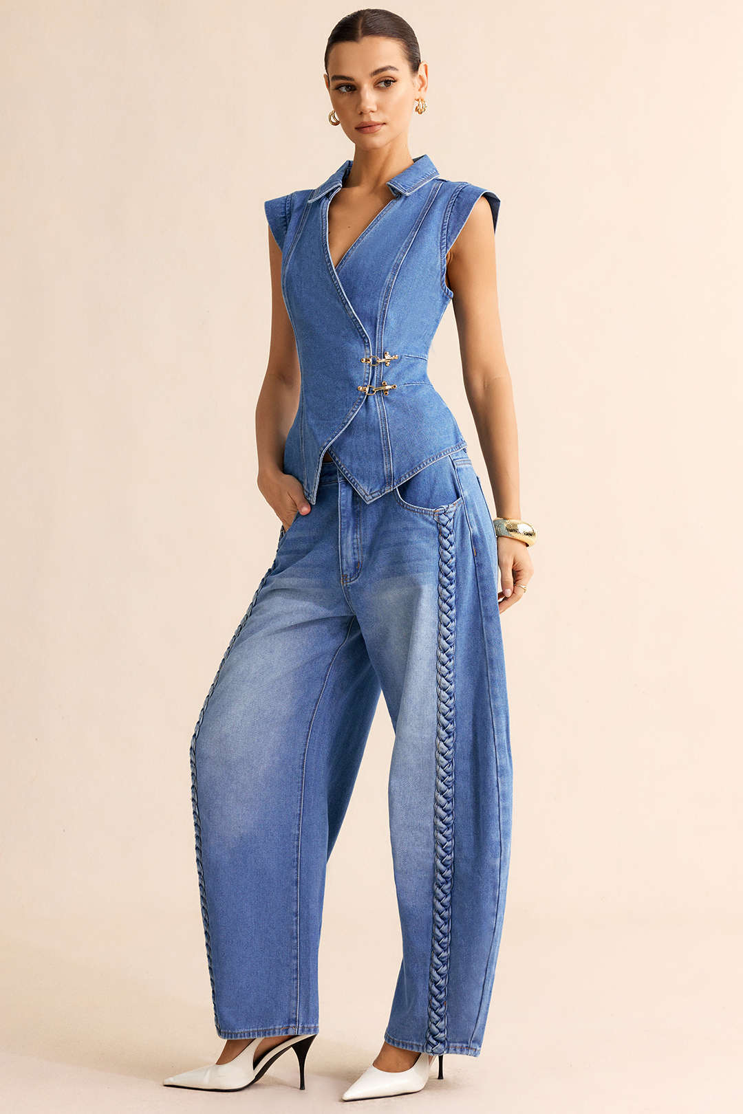 Denim gilet met revers, V-hals en wikkelmodel