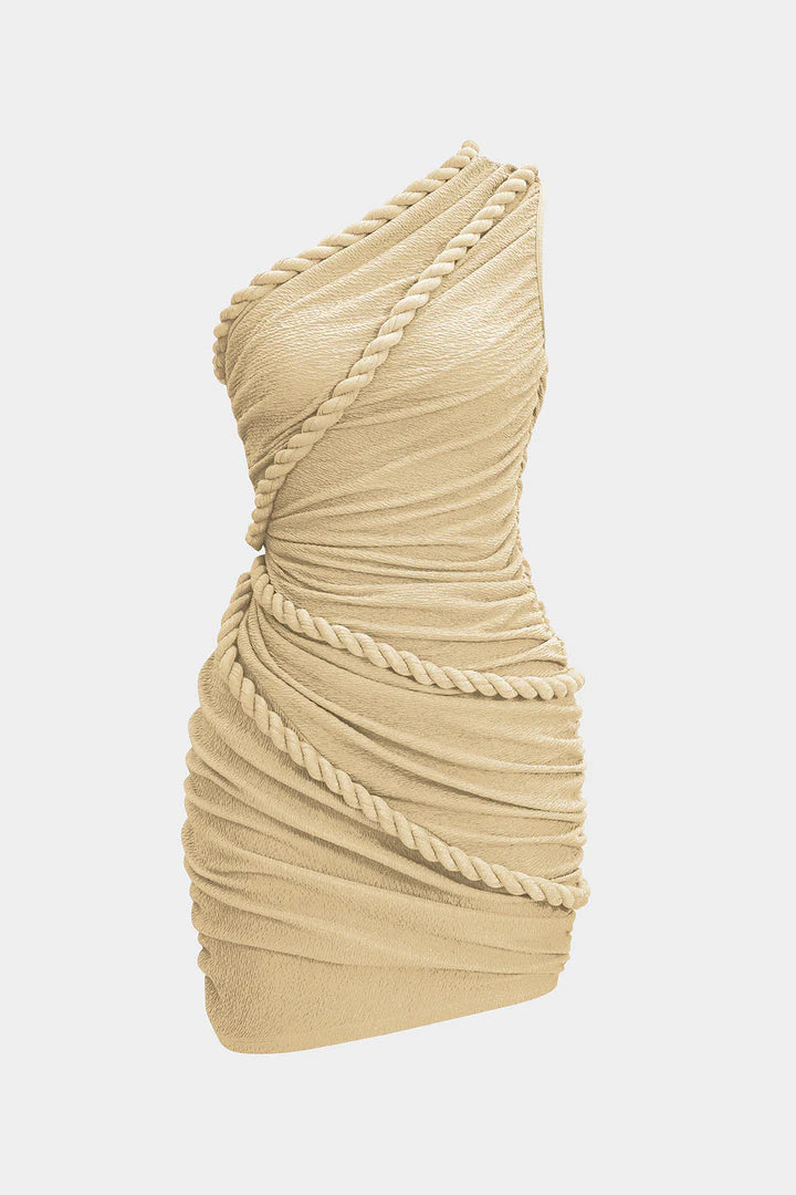 Sleeveless pleated mini dress with one shoulder and twist button