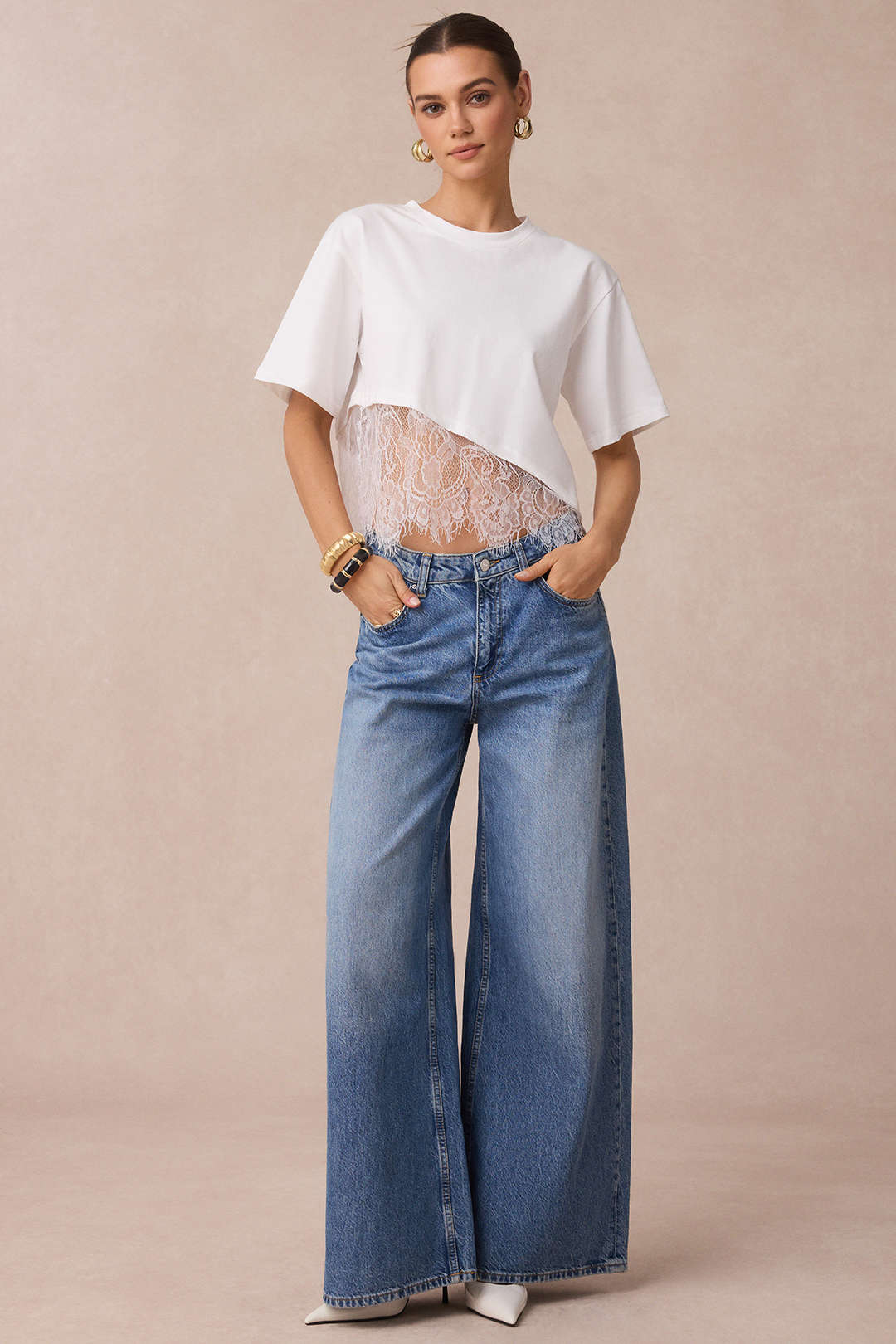 Patchwork T-shirt met kant, ronde hals en korte mouwen
