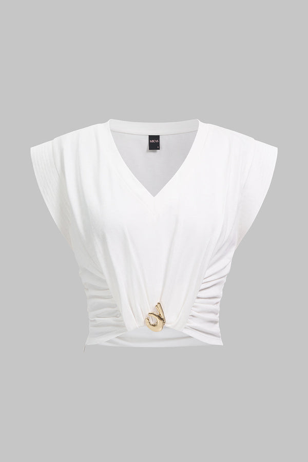 Metallic T-shirt met V-hals, ruches en korte mouwen