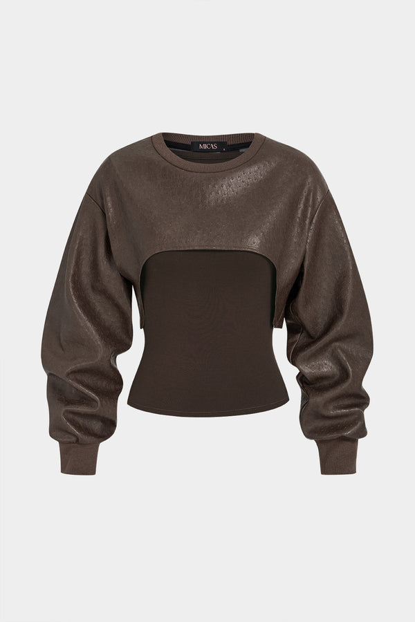 Leren-look patchwork sweater met ronde hals en lange mouwen