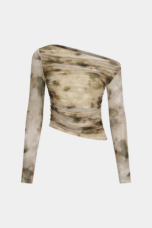 Abstract Print Mesh Off-Shoulder Long-Sleeve Top