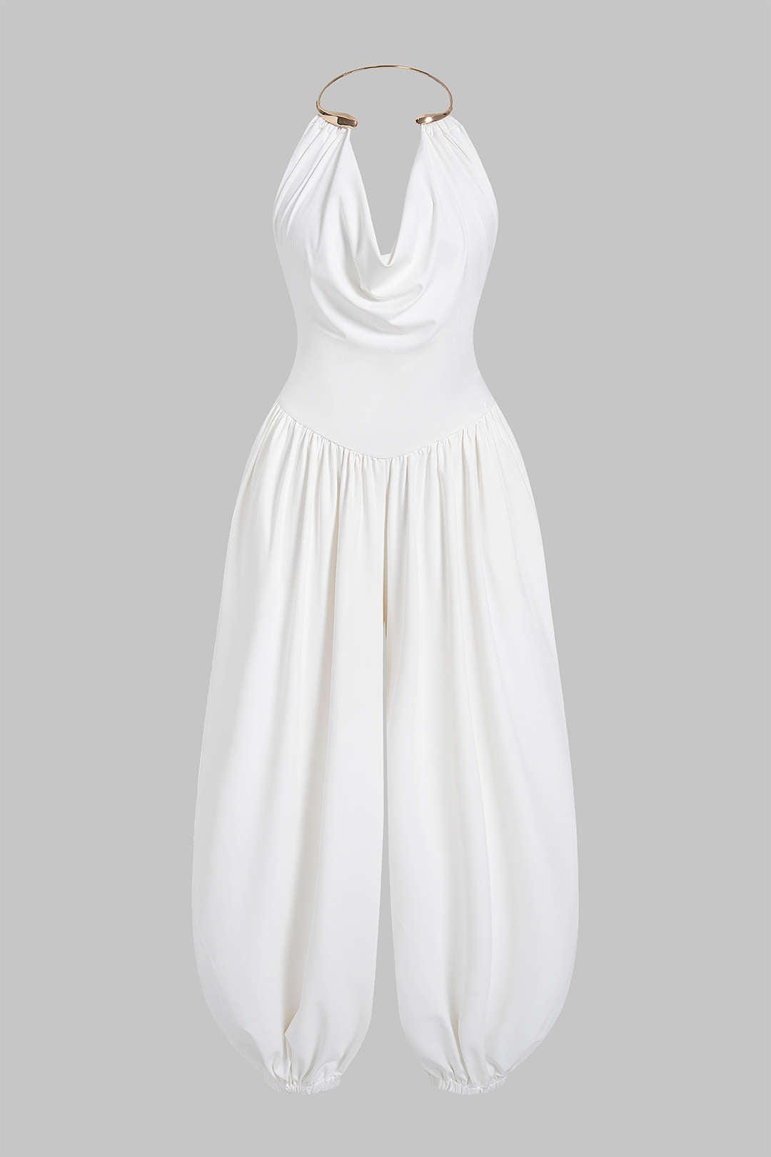 Metallic jumpsuit met drapering, watervalhals en ruches