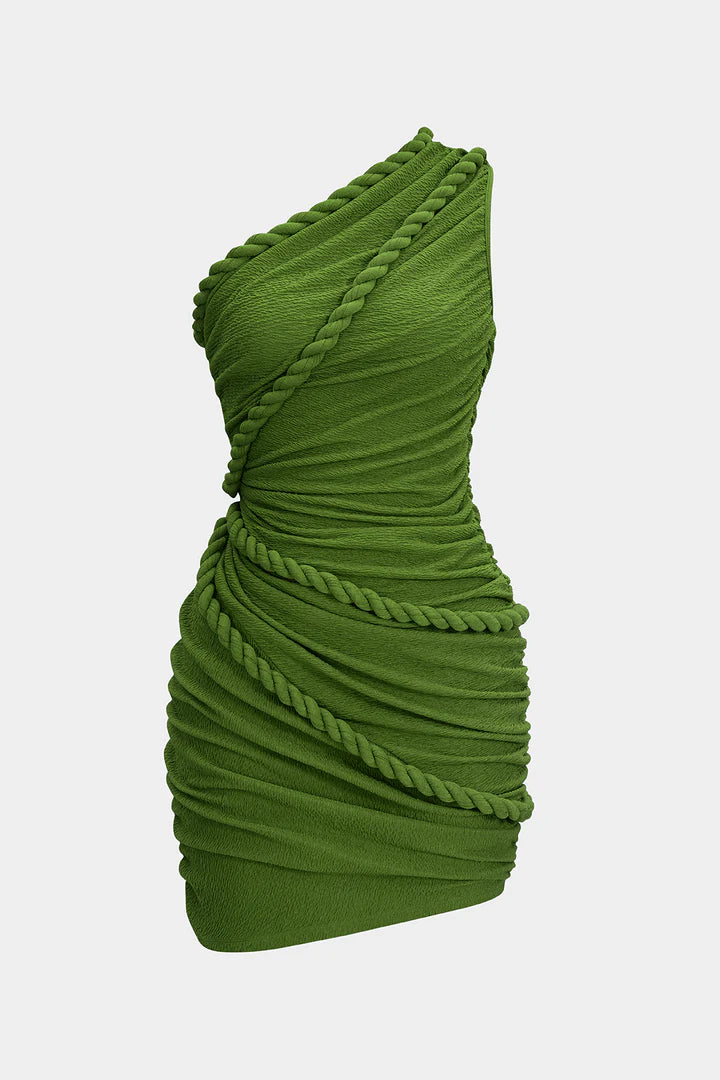 Sleeveless pleated mini dress with one shoulder and twist button