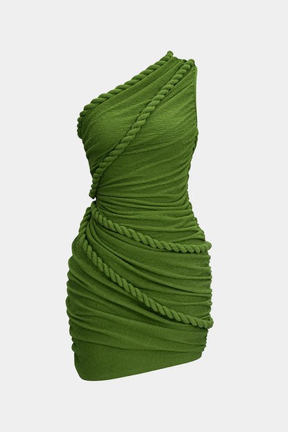 Sleeveless pleated mini dress with one shoulder and twist button
