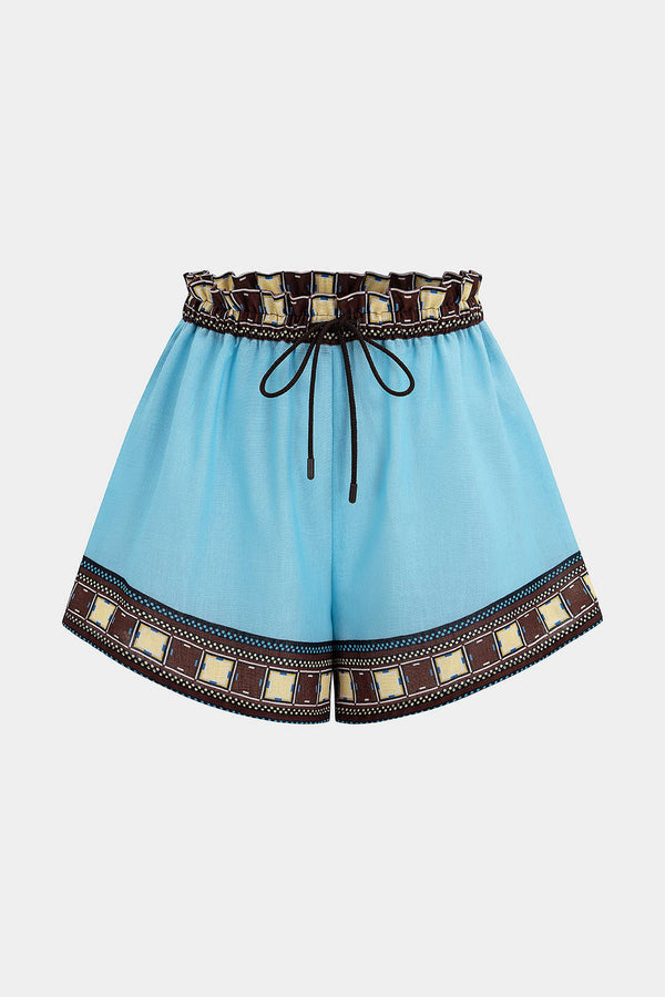 Geometrische linnen short met trekkoord