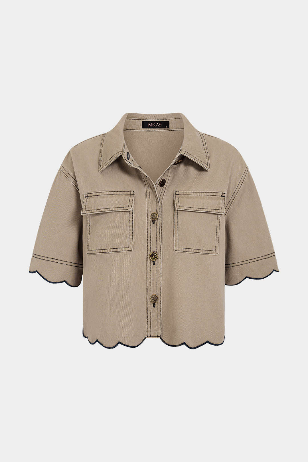 Denim metallic blouse met knoopjes en korte mouwen
