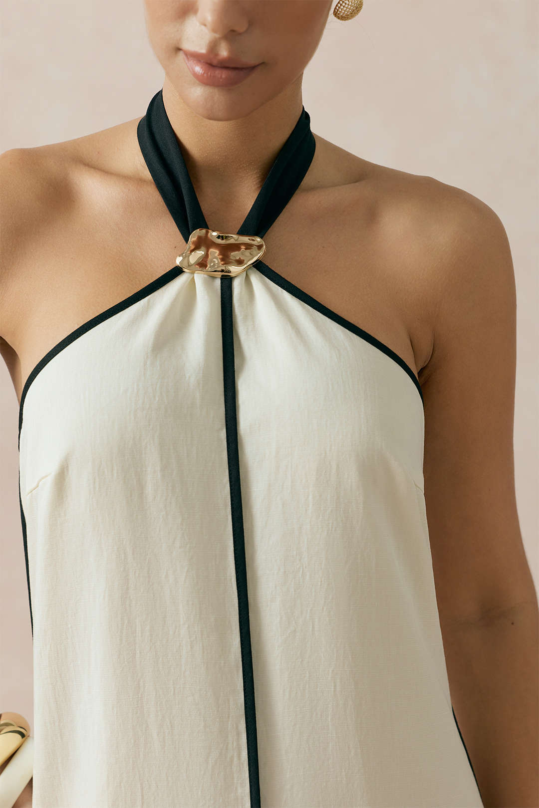 Linnen metallic maxijurk met halternek