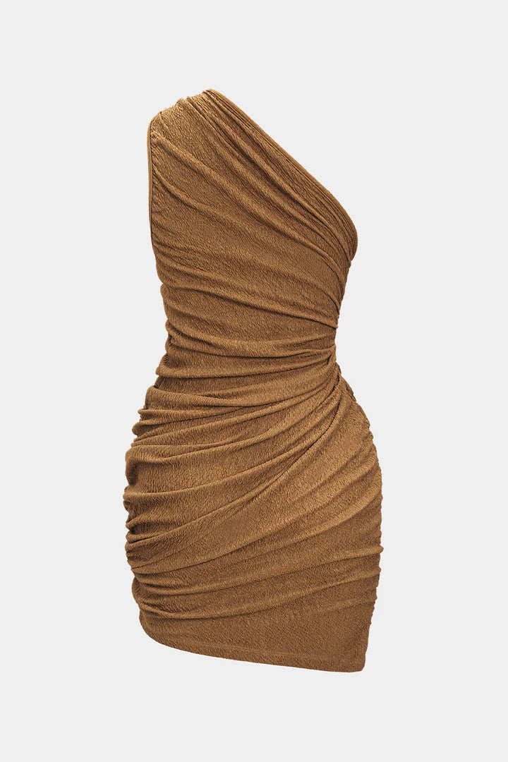 Sleeveless pleated mini dress with one shoulder and twist button