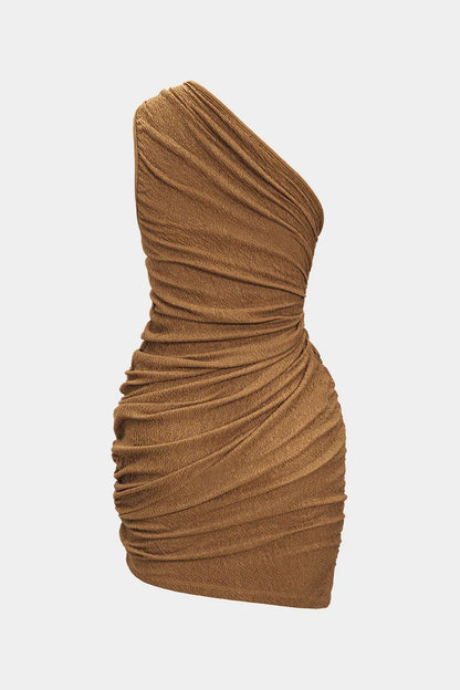 Sleeveless pleated mini dress with one shoulder and twist button