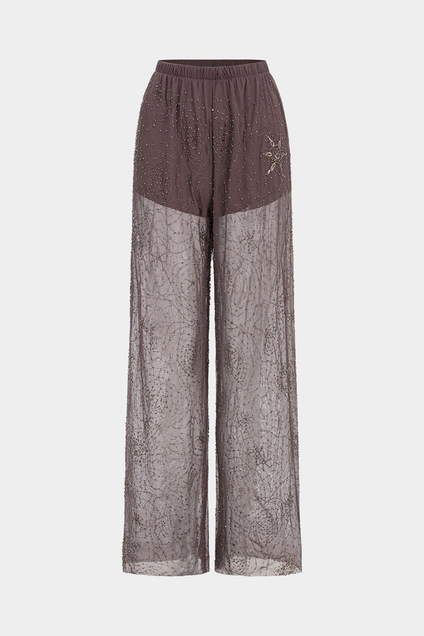 Mesh broek met kralen en smokwerk