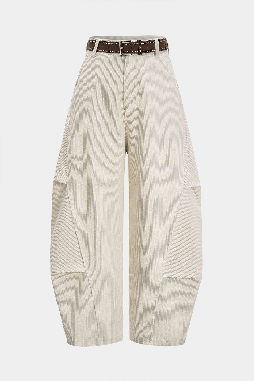 Ribfluwelen broek met riem, ruches en hoge taille