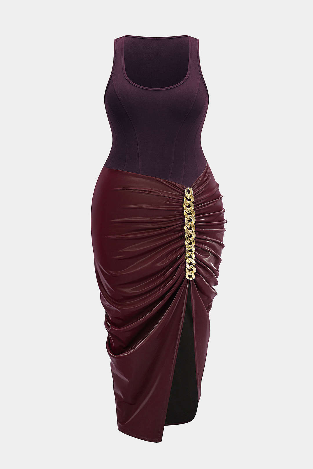 Metallic mouwloze midijurk met ruches en vierkante hals