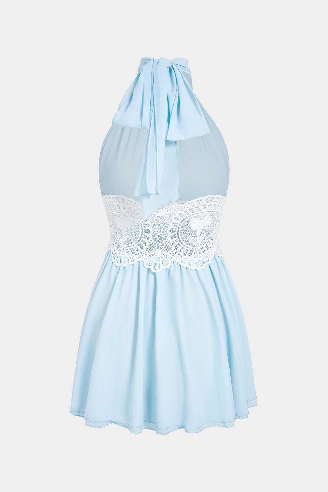 Chiffon patchwork minijurk met kant, halternek en strik