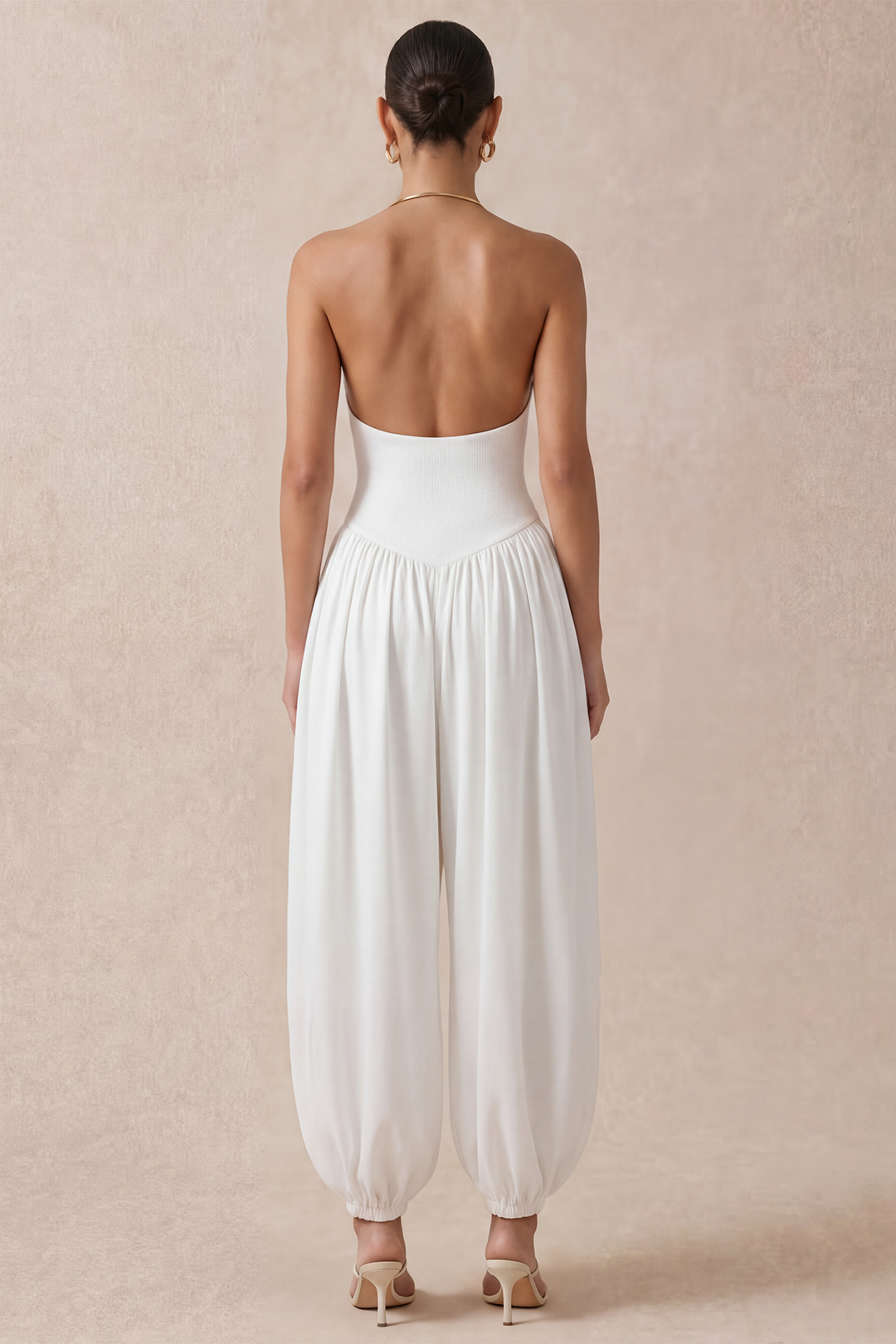 Metallic jumpsuit met drapering, watervalhals en ruches