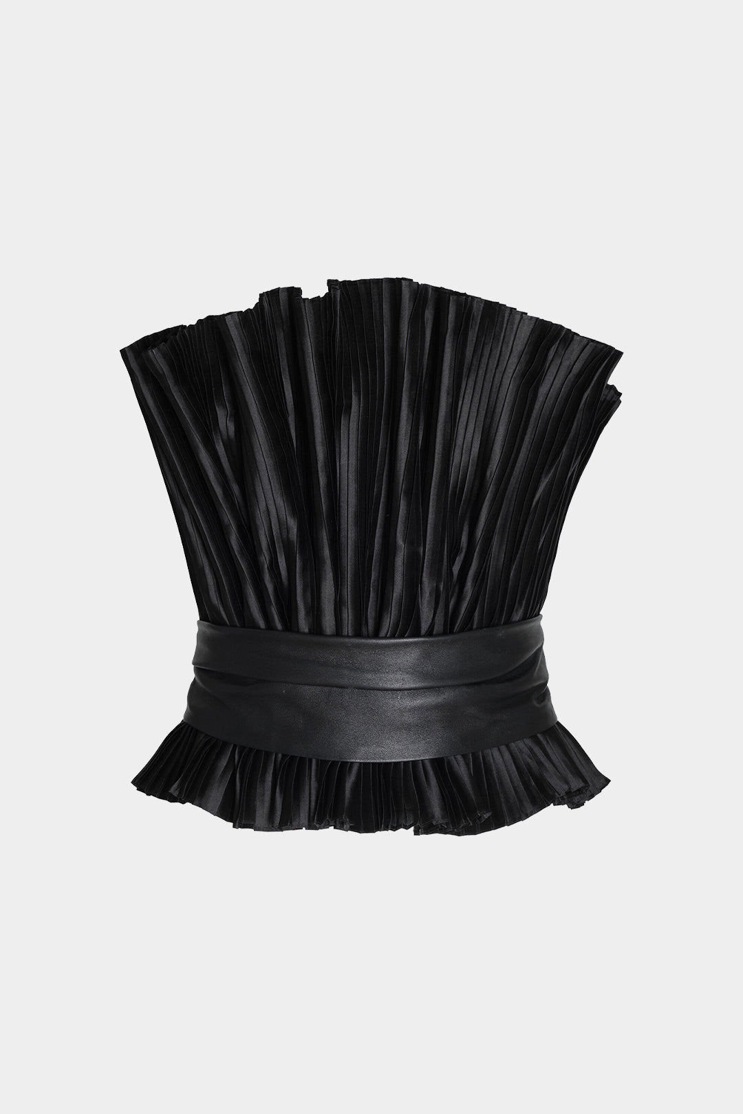 Leren-look patchwork strapless top met riem en ruches