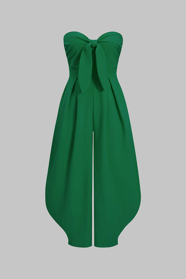 Mouwloze jumpsuit met strapless pasvorm, strik en ruches