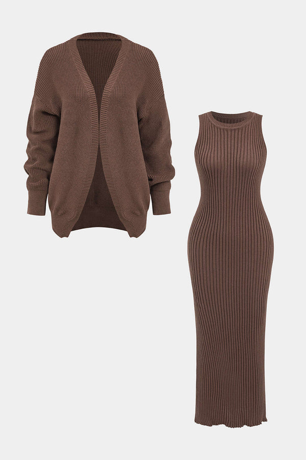 Geribde set met jurk en vest
