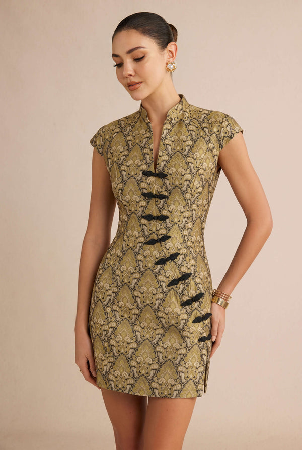 Jacquard minijurk met brandenburgsluiting en V-hals