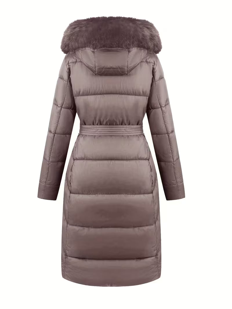 Midi Puffer Jacket with Hood and Belt - Long
