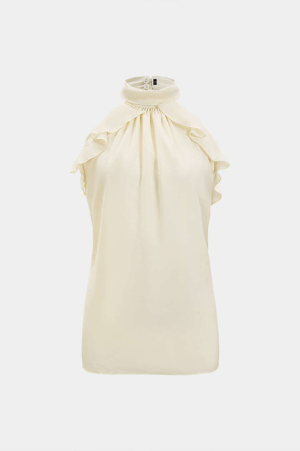 Chiffon tanktop met halternek, volants en open rug