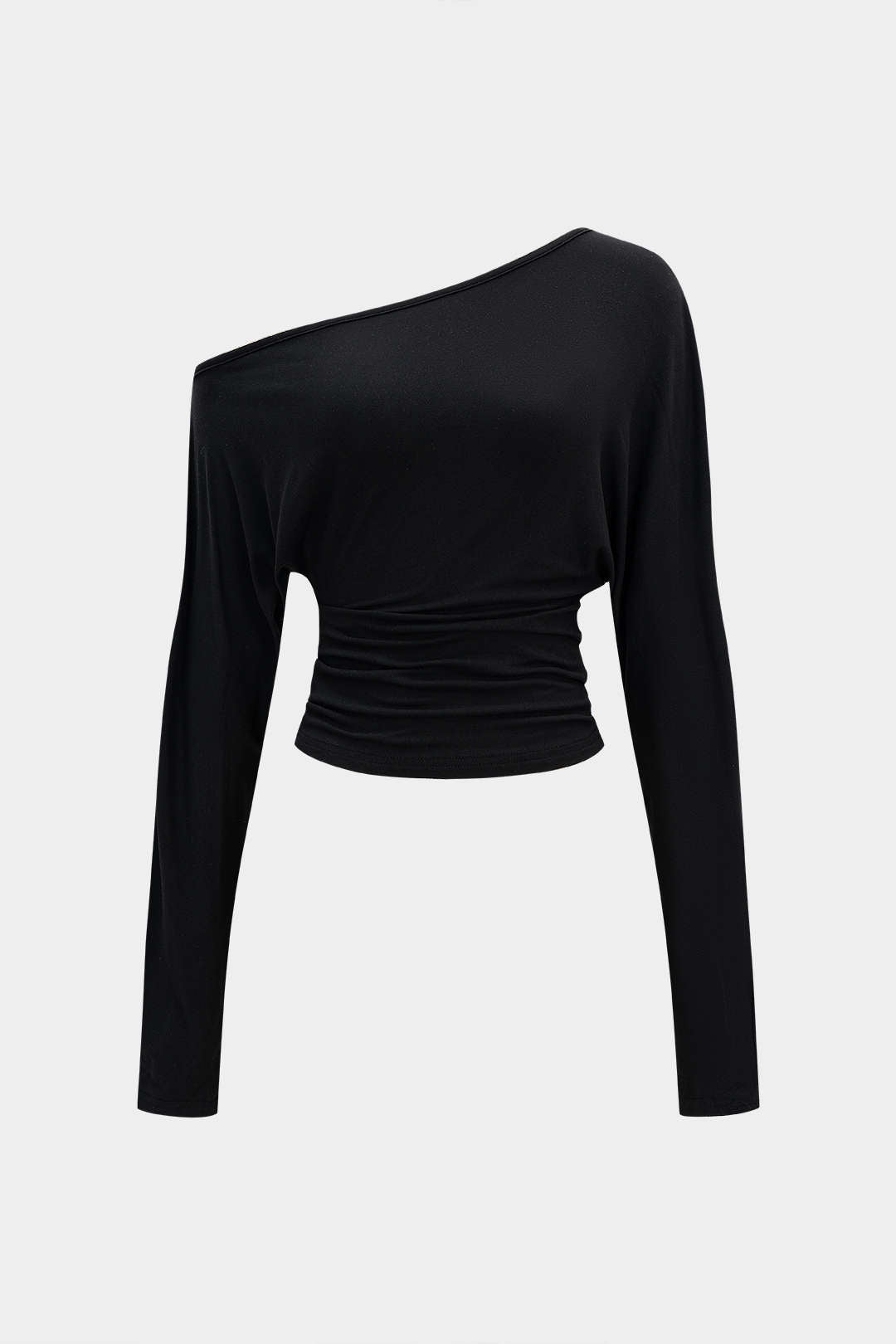 Asymmetrische top met uitsnijding, ruches en lange mouwen