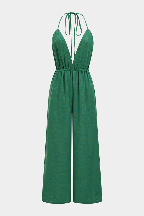 Mouwloze jumpsuit met halternek, V-hals en strik