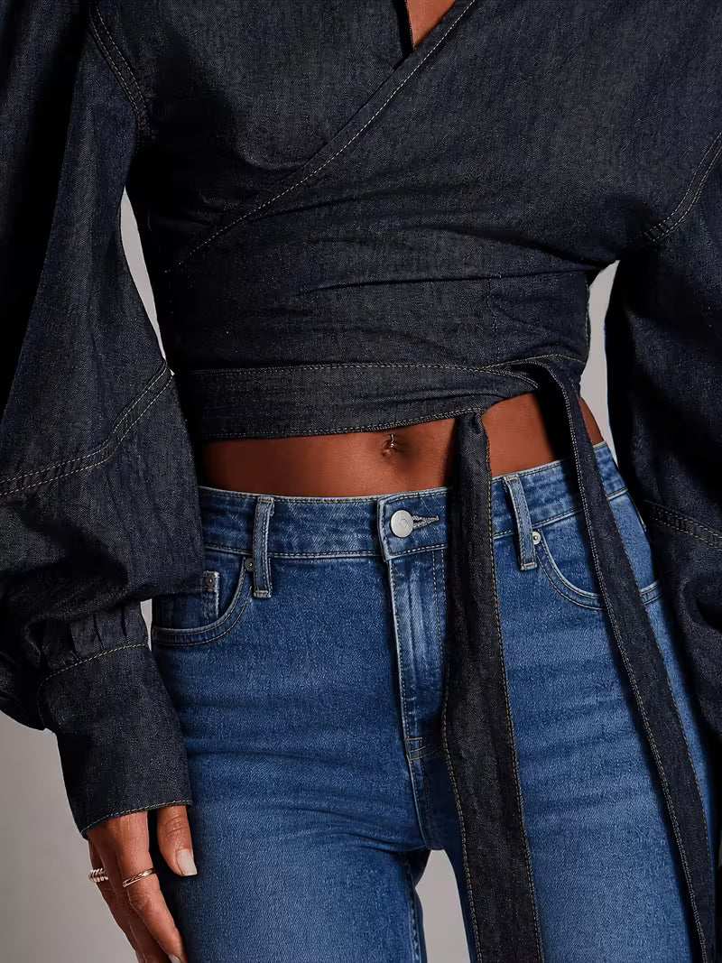 Denim Wrap Blouse with Puff Sleeves