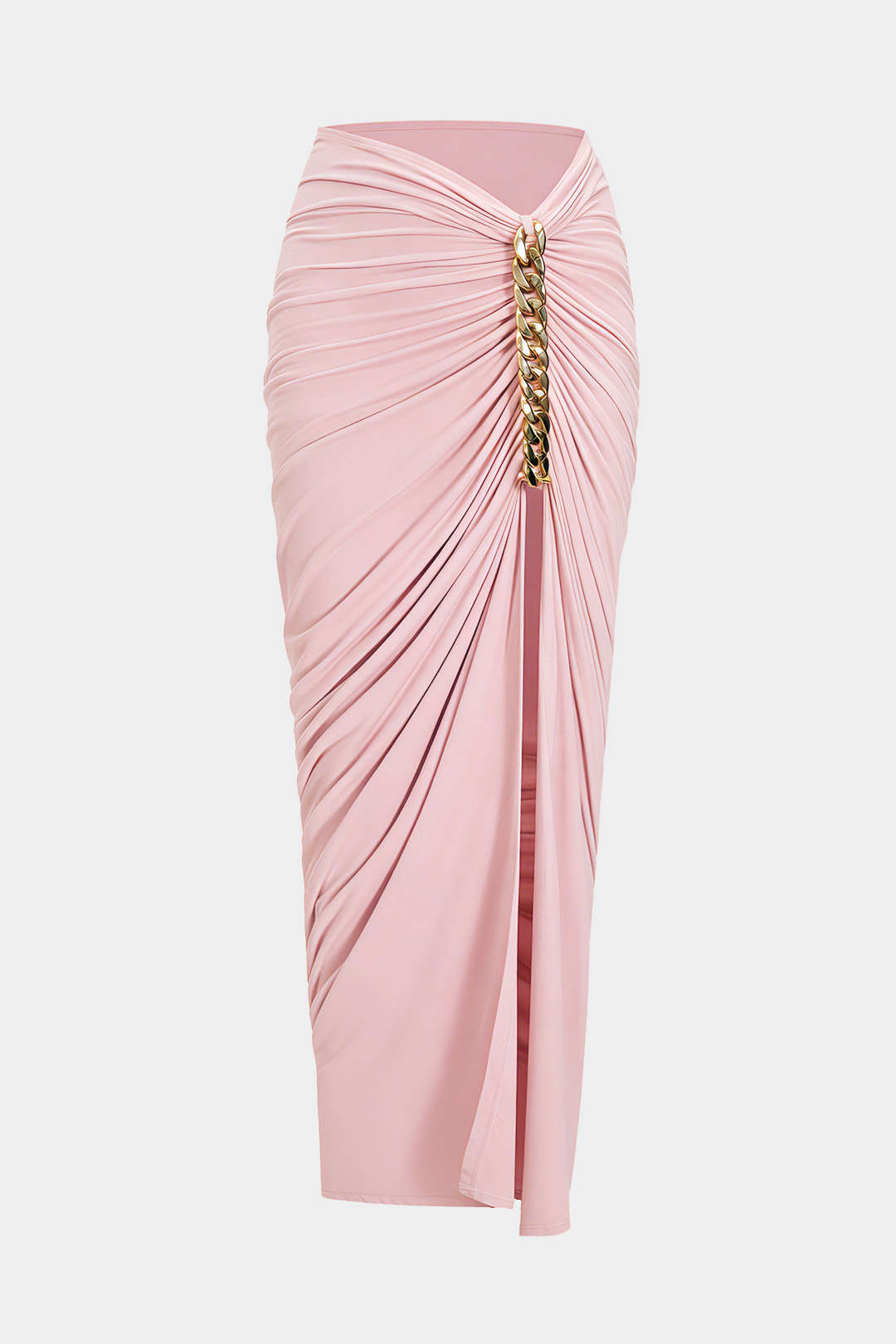 Asymmetrische rok met ruches, kettingdetail en split