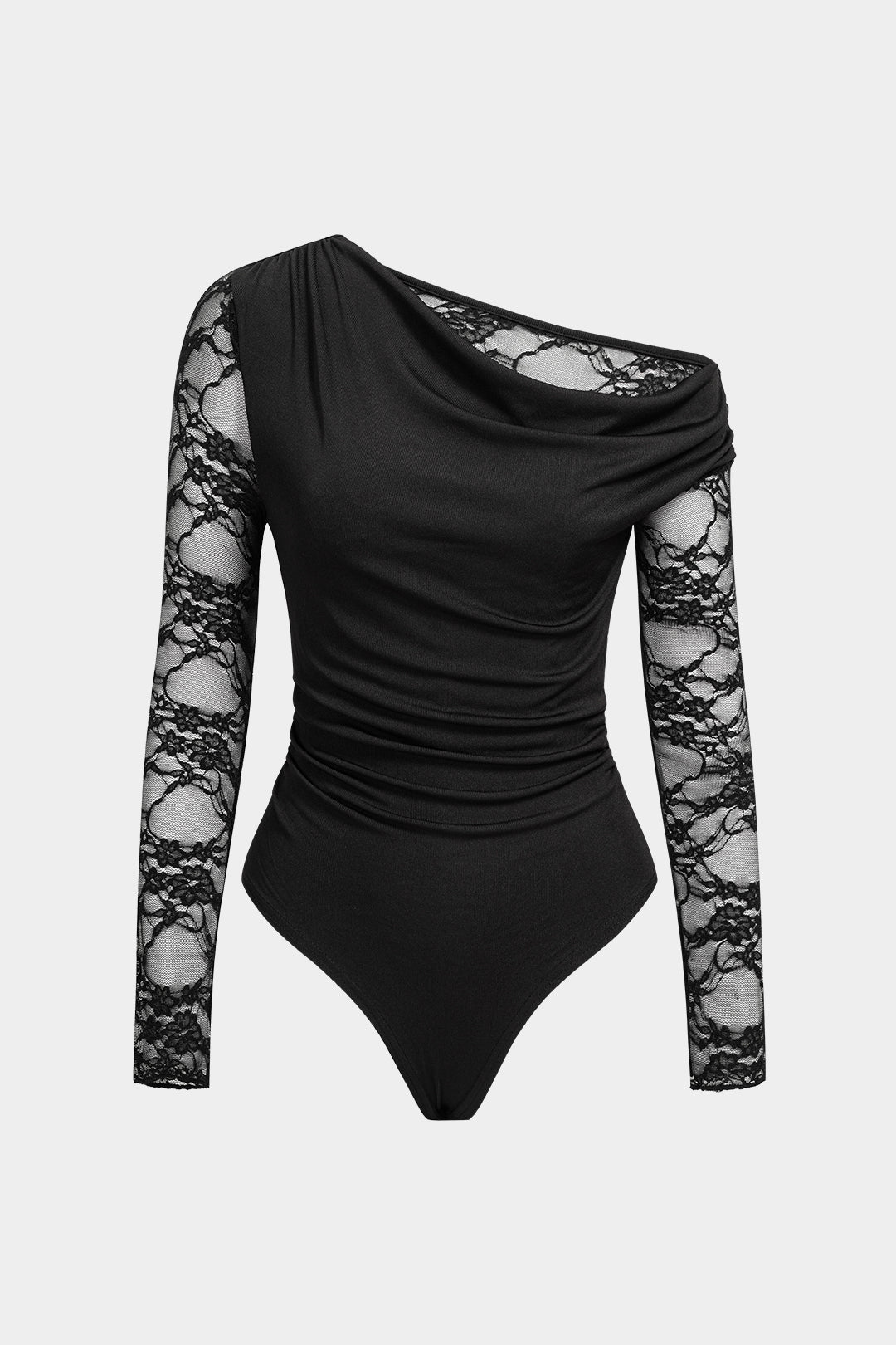 Patchwork body met kant, één schouder en drapering