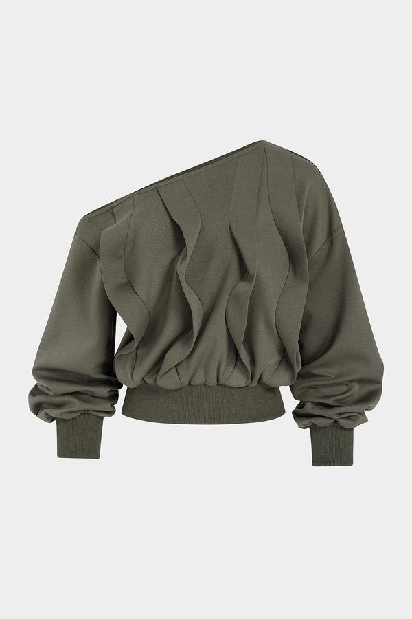Sweater met één schouder, volants en lange mouwen