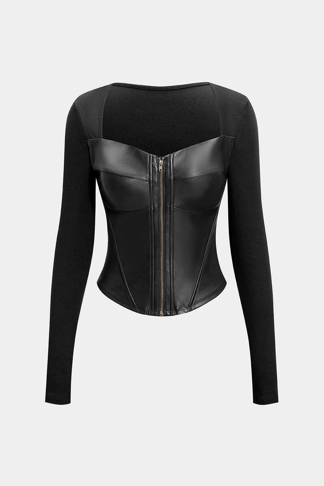 Leren-look patchwork top met rits en lange mouwen