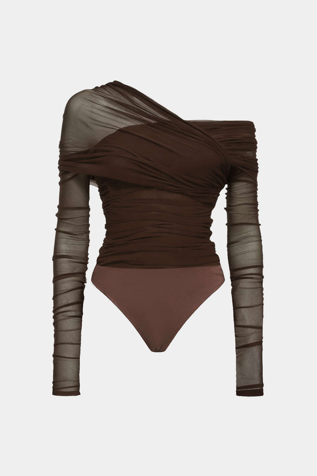 Mesh asymmetrische body met ruches en één schouder
