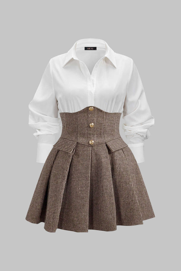 Pied-de-poule patchwork minijurk met hoge taille