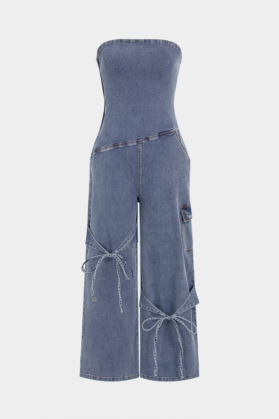 Denim mouwloze jumpsuit met strik en wijde pijpen