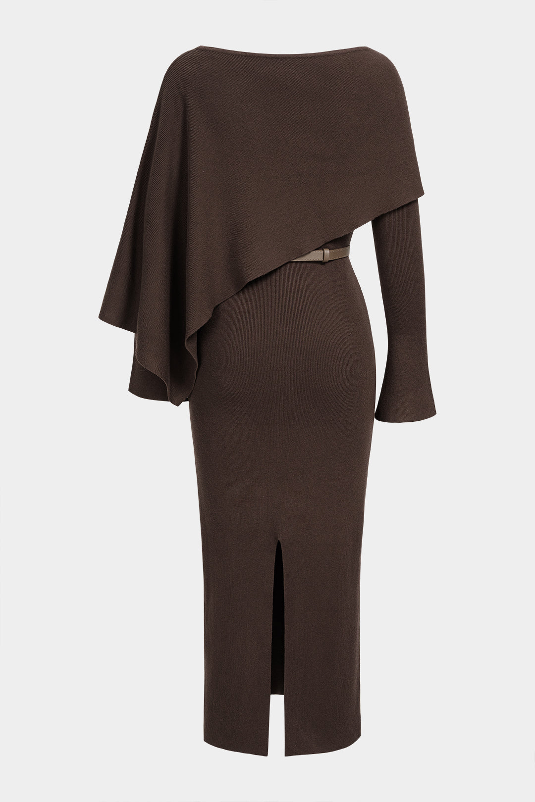 Gebreide asymmetrische maxijurk met riem en lange mouwen