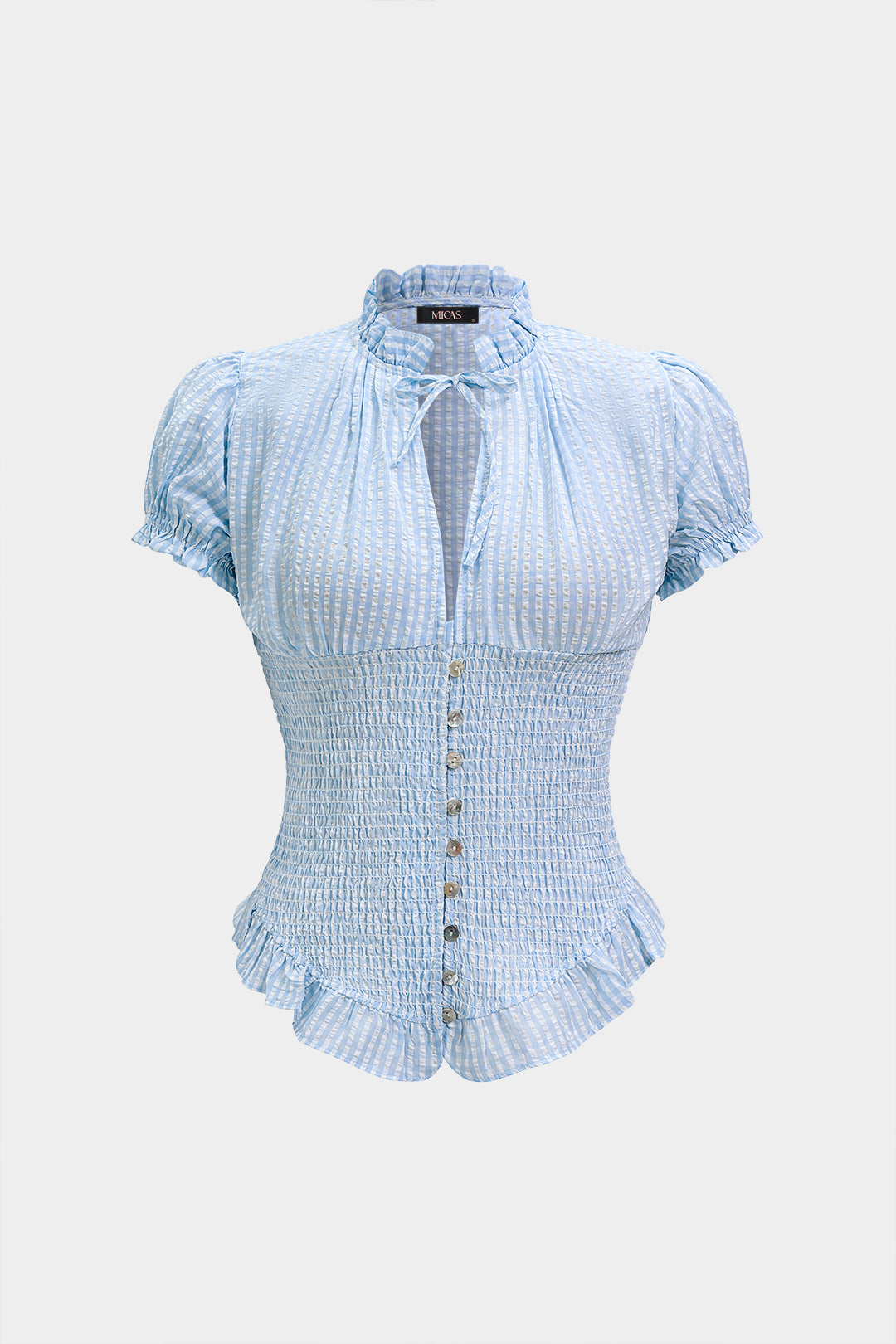 Gestreepte blouse met V-hals, strik en smokwerk