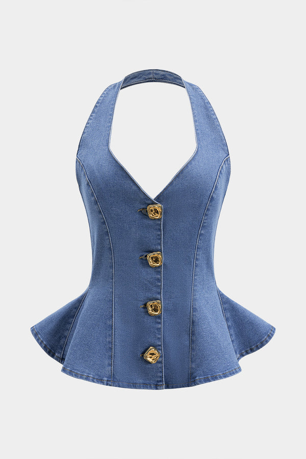 Denim croptop met ruches, knoopjes en open rug