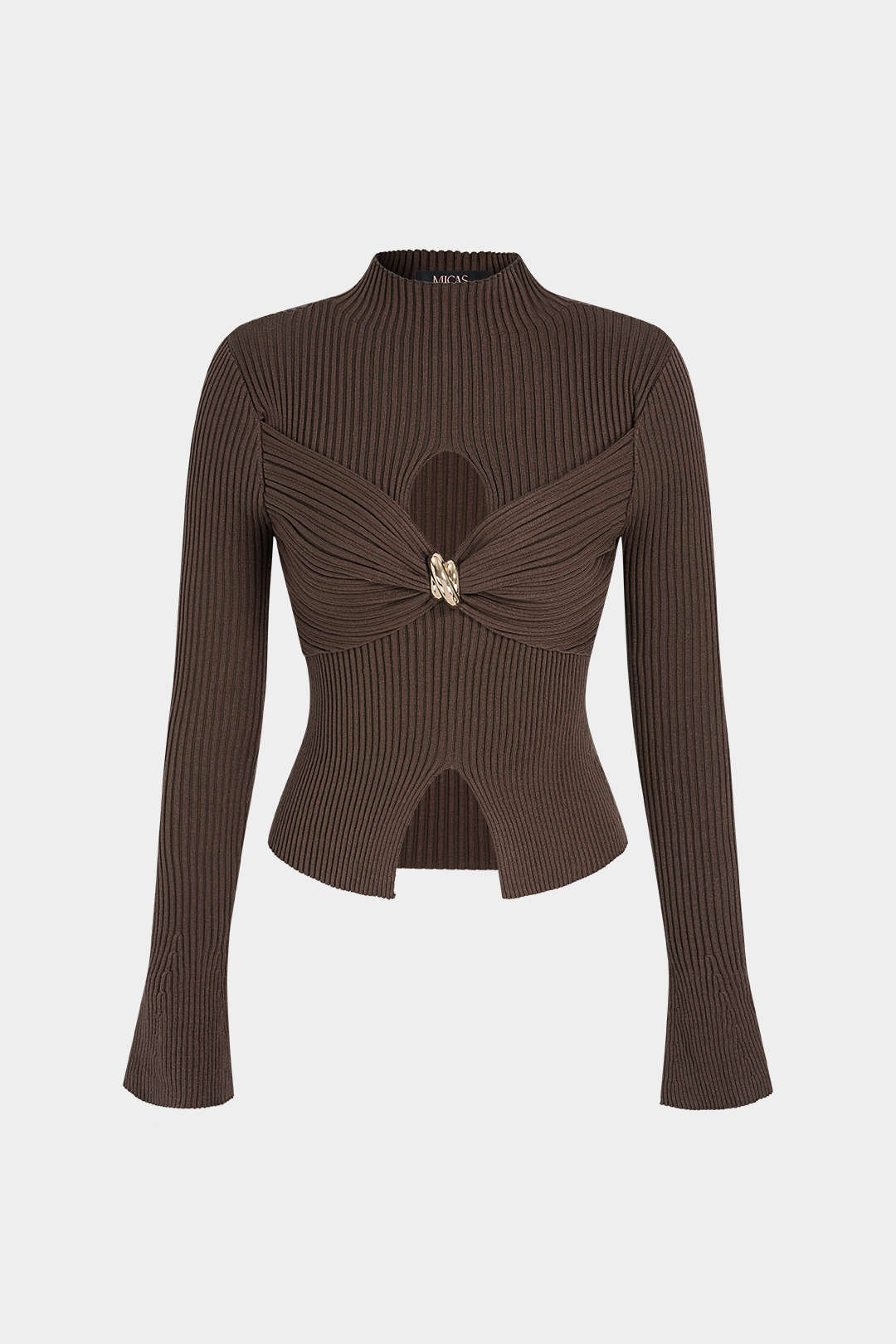 Gebreide metallic top met opstaande kraag en uitsnijding