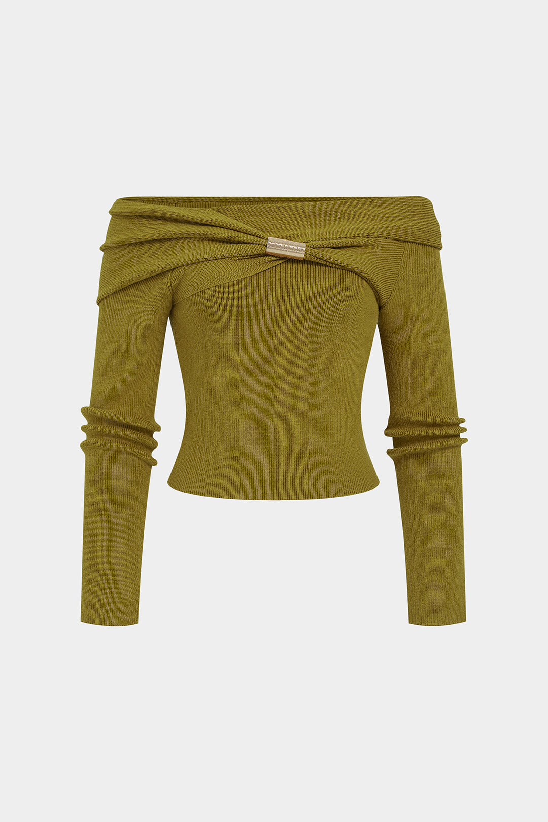 Gebreide metallic top met blote schouders en ruches