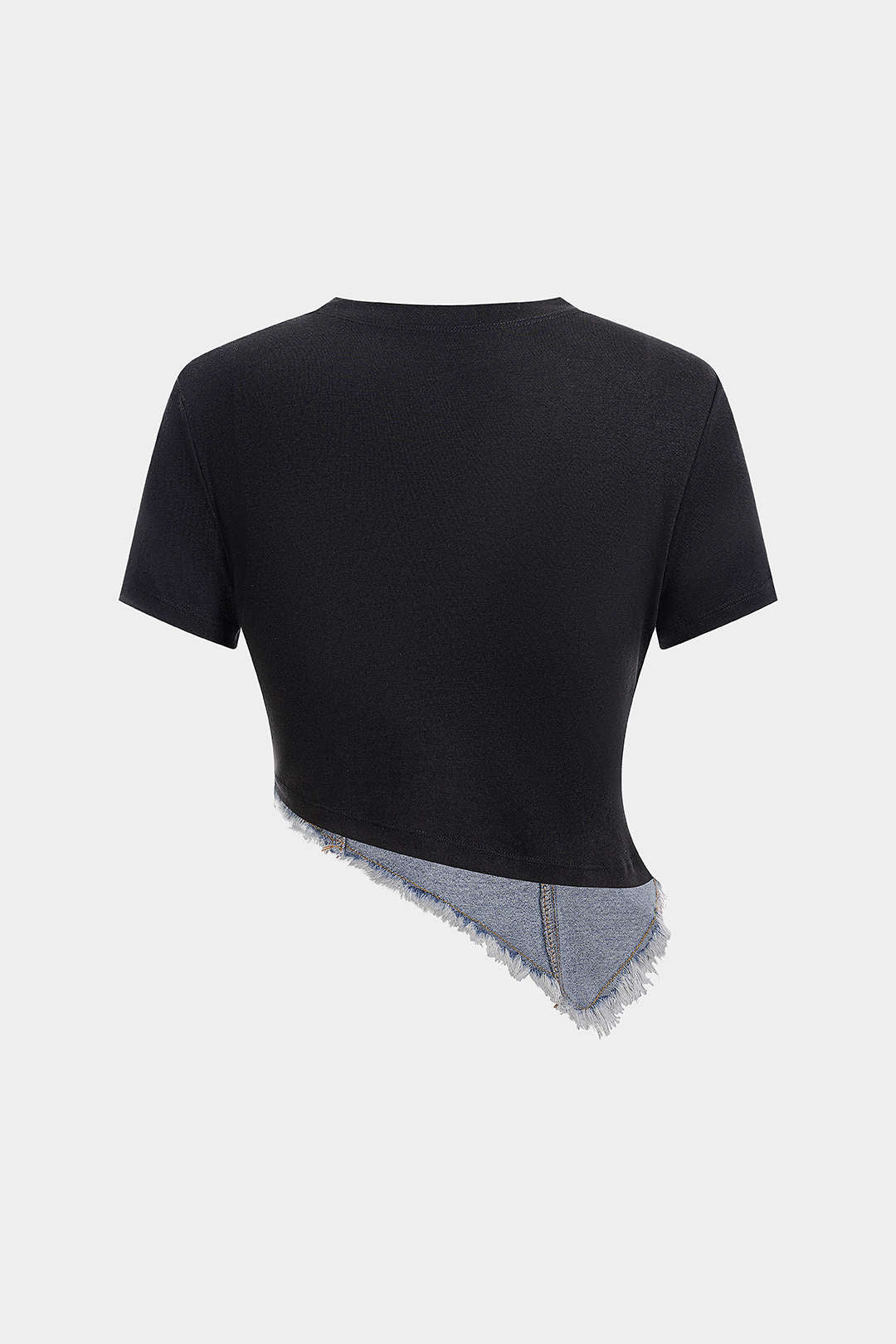 Denim patchwork T-shirt met ronde hals en korte mouwen