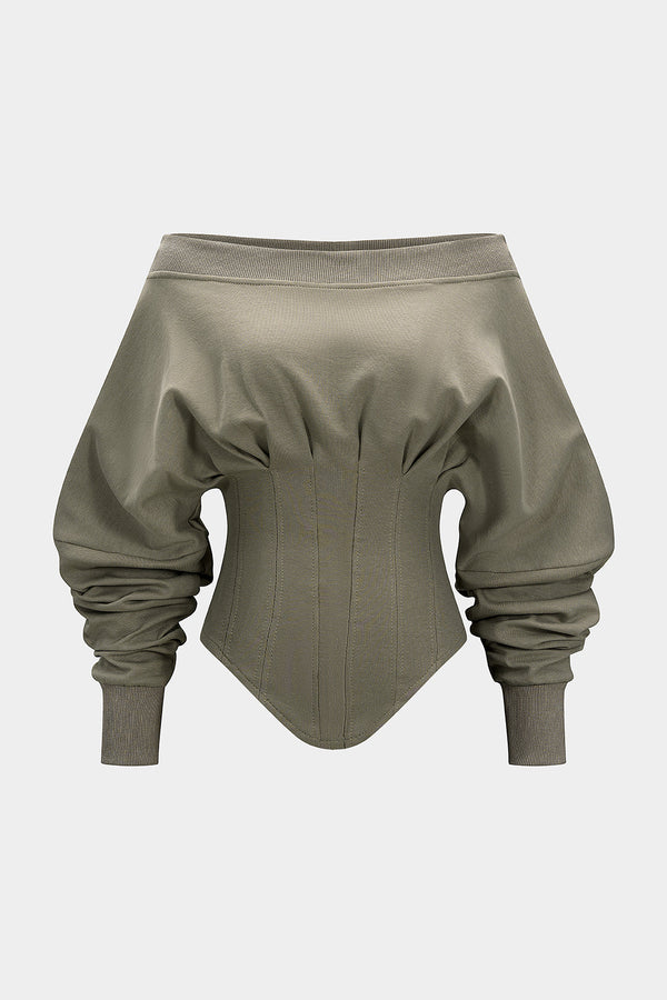 Metallic geplooide sweater met blote schouders en rits