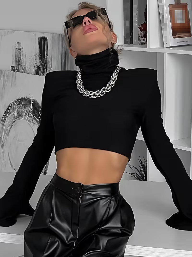Y2K Crop Top with High Neck and Shoulder Pads