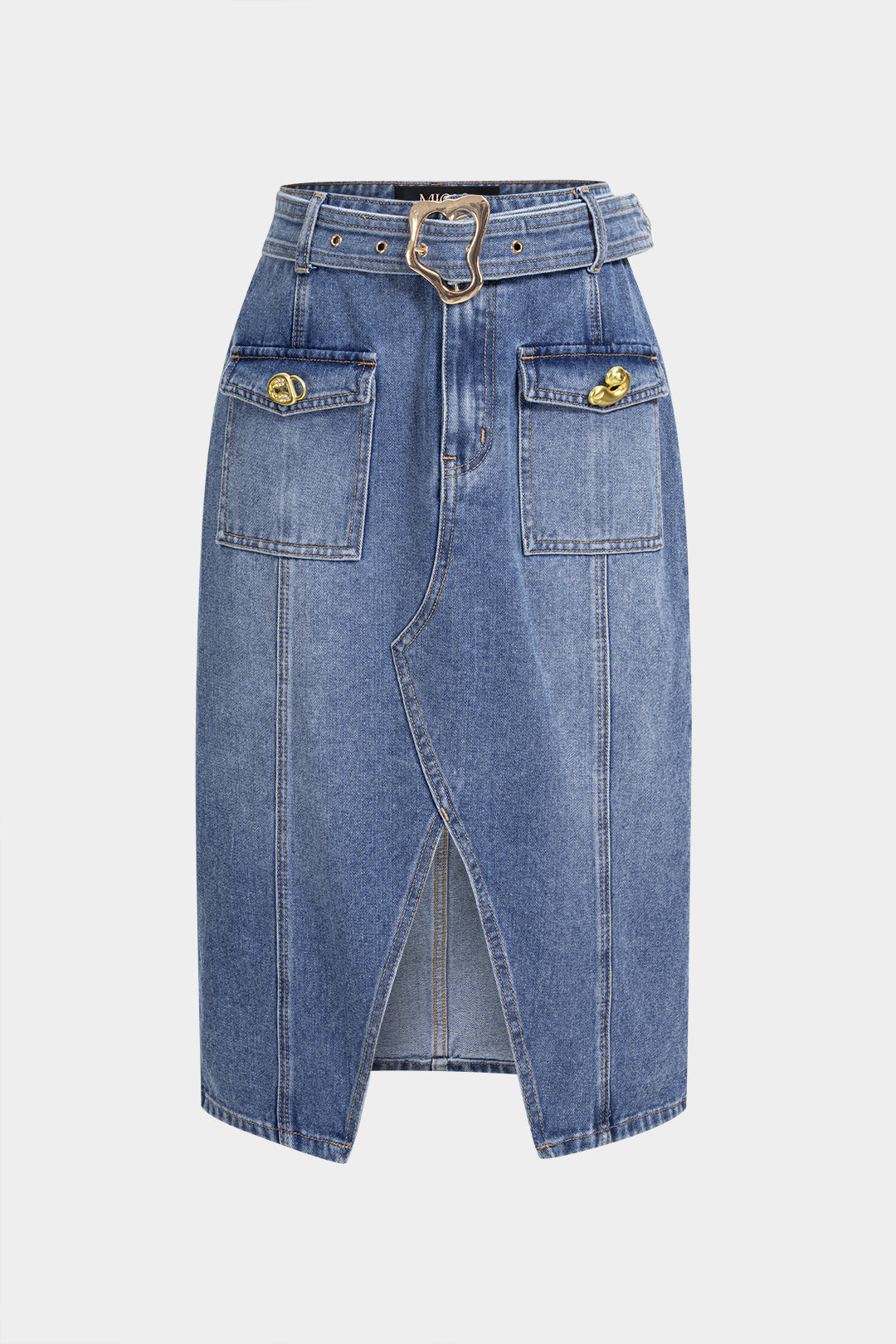 Denim metallic rok met riem, zakken en split