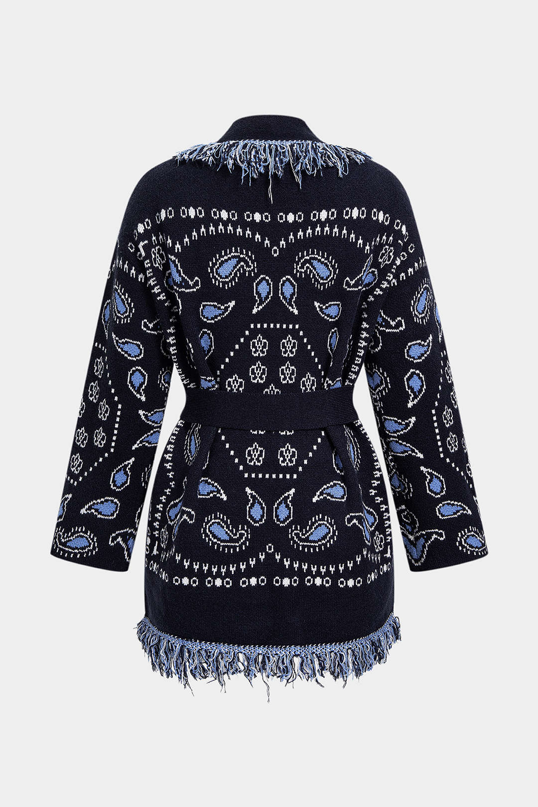 Gebreid paisley vest met franjes en riem
