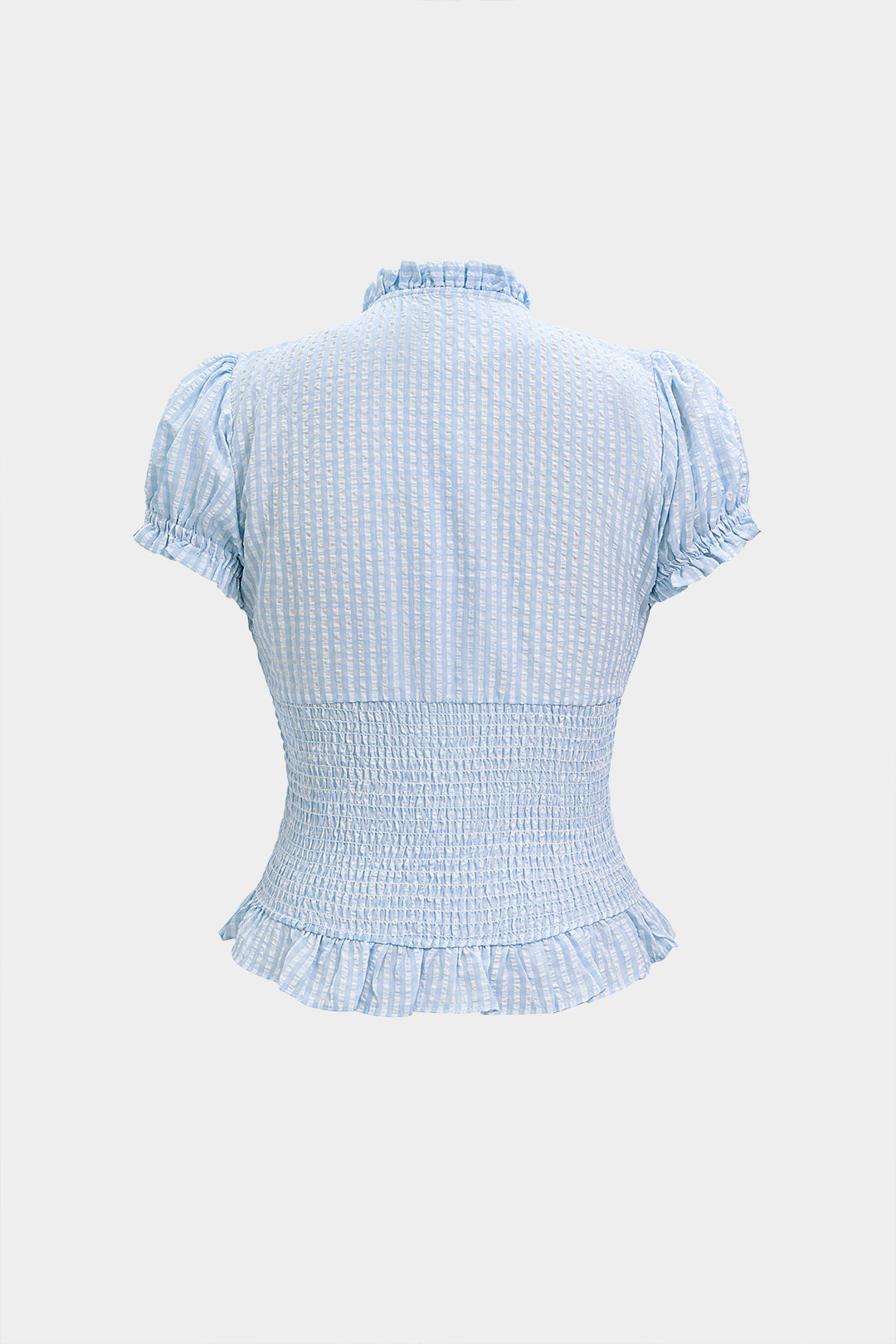 Gestreepte blouse met V-hals, strik en smokwerk