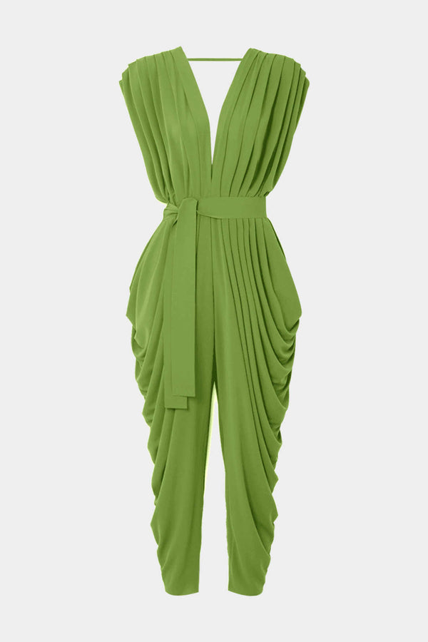 Mouwloze jumpsuit met V-hals, strik en ruches