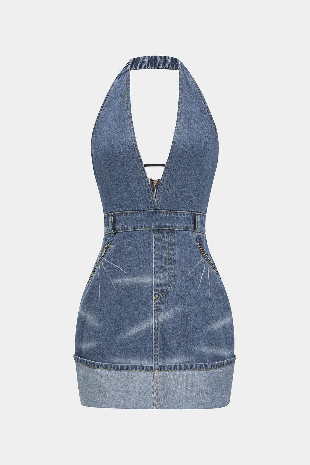 Denim verwassen minijurk met open rug, rits en halternek